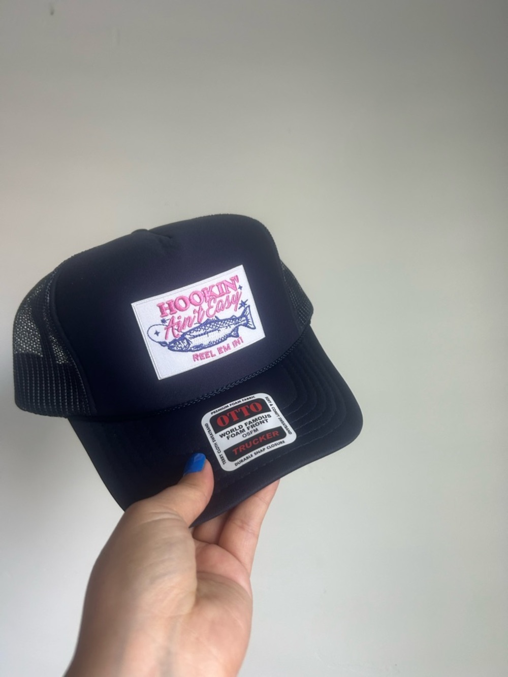 Navy Blue  Trucker Hat with Pink 'Hookin' Ain't Easy' Patch